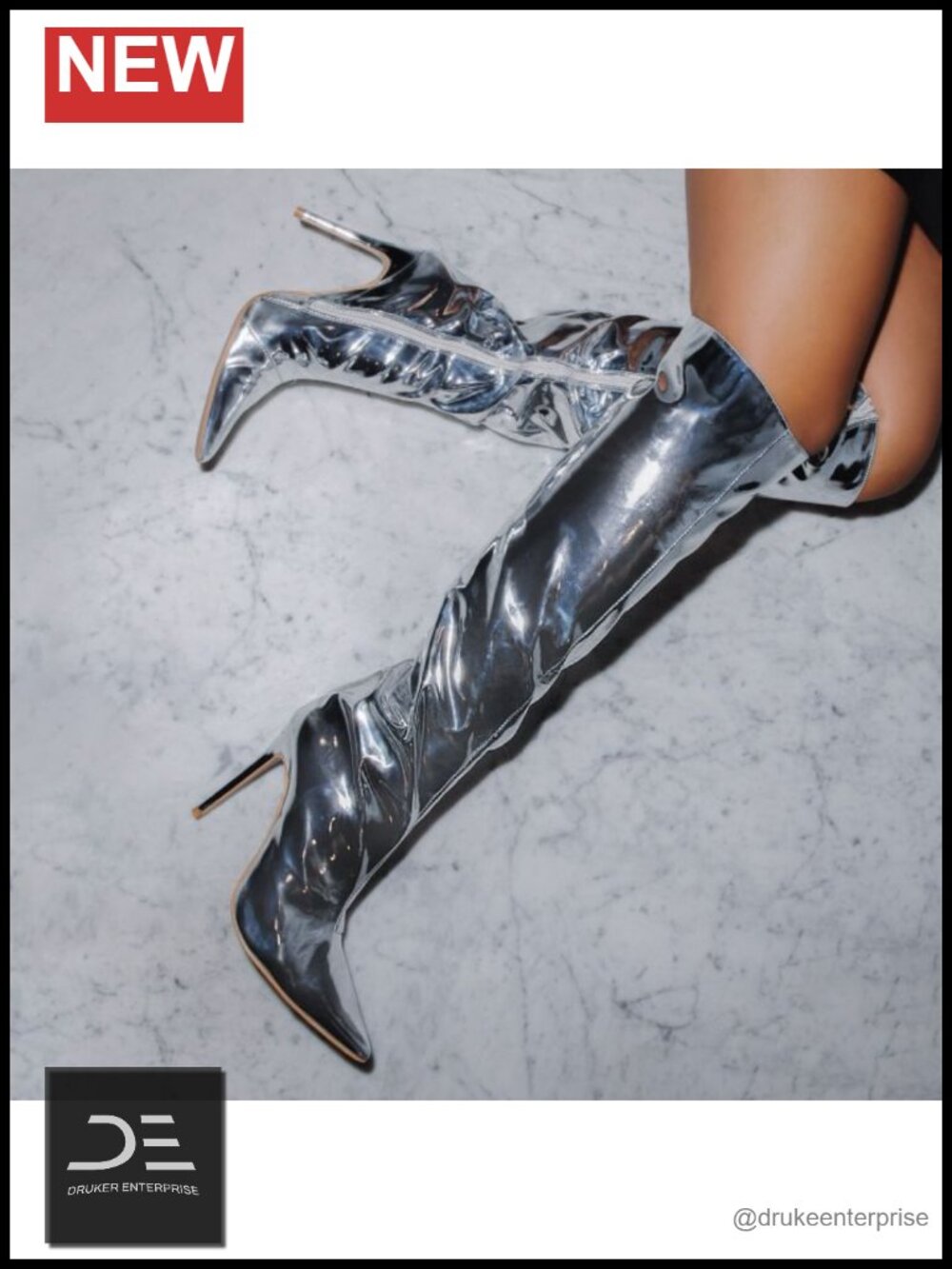 Wide Calf Knee High Boots Women Stiletto Heel Metallic Leather Zipper - Picture 6 of 6